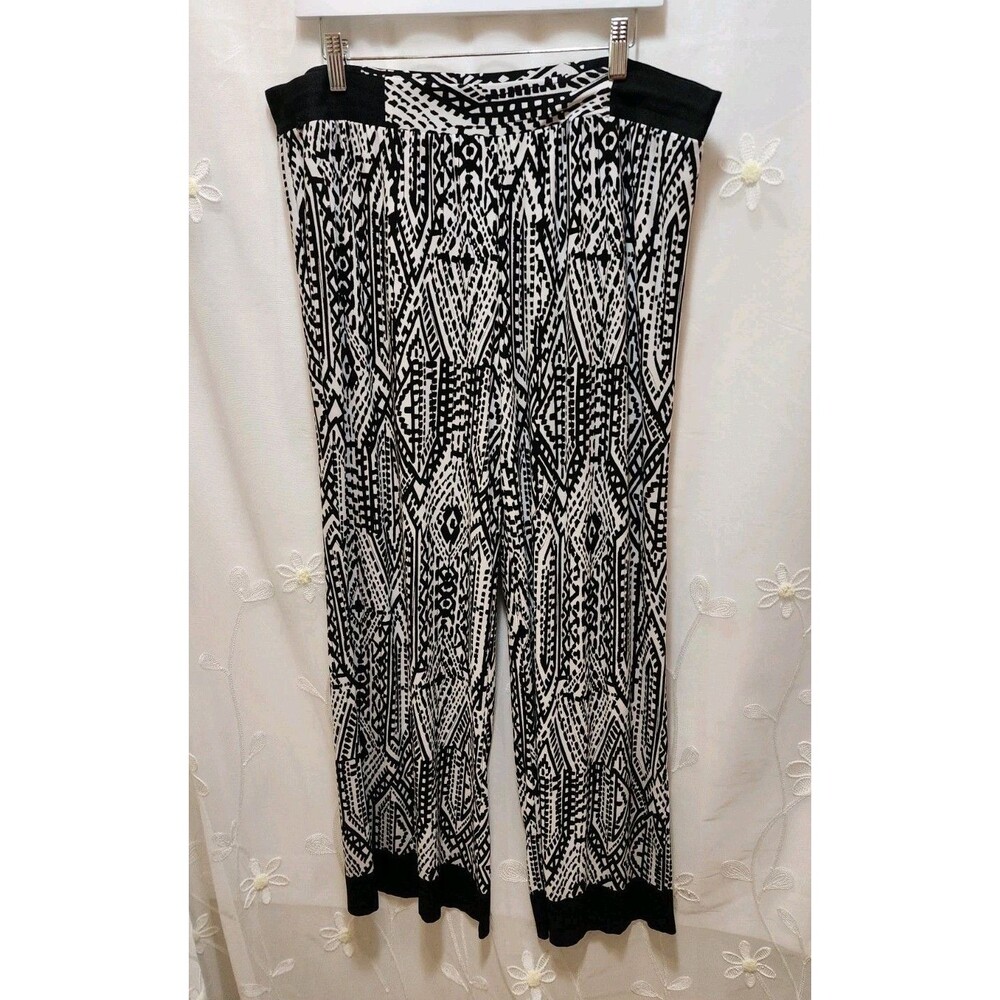 RUBY RD WOMEN PXL BLACK & WHITE PANTS GEOMETRIC WILD ARTSY ETHNIC WIDE LEG LOOSE